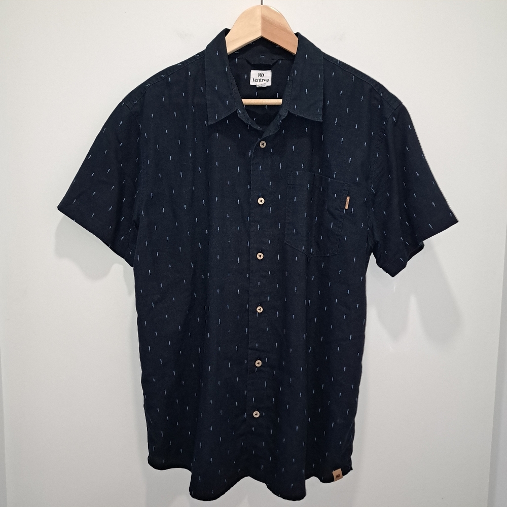 TenTree Mancos Navy Tree Print Hemp Shortsleeve Button-up Earthcore Shirt Mens L